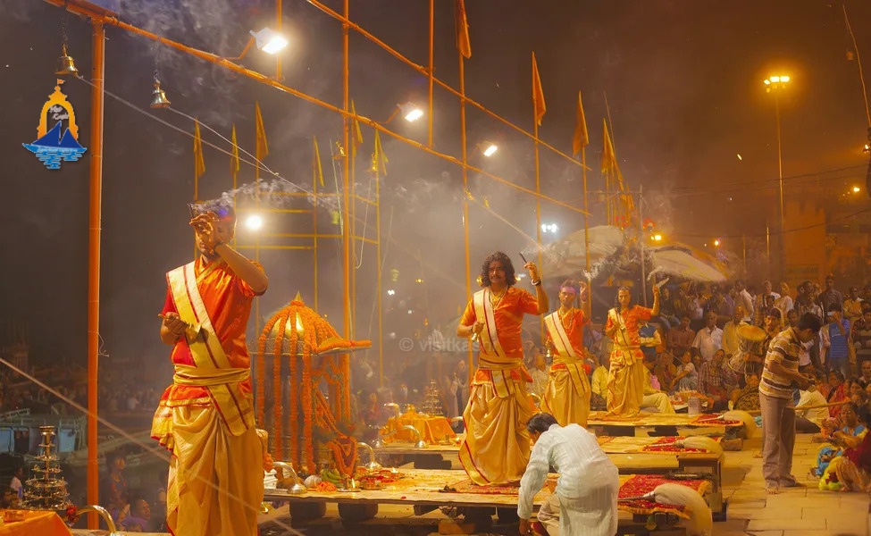 Evening Ganga Aarti seen from a boat in Varanasi